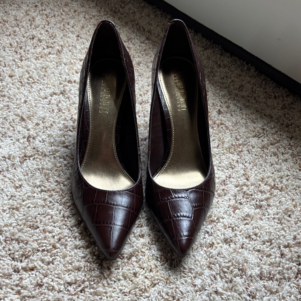 New Ralph Lauren Dark Brown leather Croc-Embossed Heels